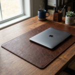 full grain leather desk mat brown on wooden desk - Rove Leather