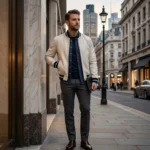 Man wearing Halcyon men's cream leather varsity bomber jacket - Rove Leather