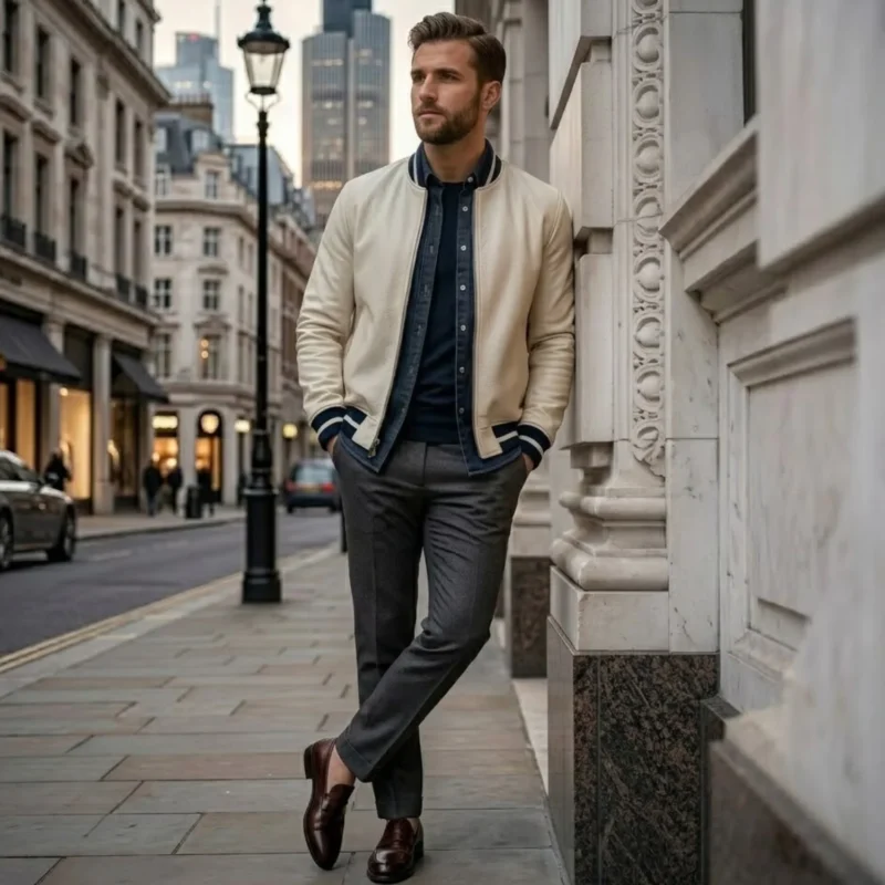 Man wearing Halcyon men's cream leather varsity bomber jacket - Rove Leather