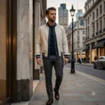 Man wearing Halcyon men's cream leather varsity bomber jacket - Rove Leather