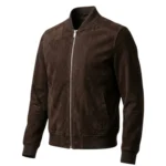 Terroir men's dark brown suede bomber jacket front angle - Rove Leather