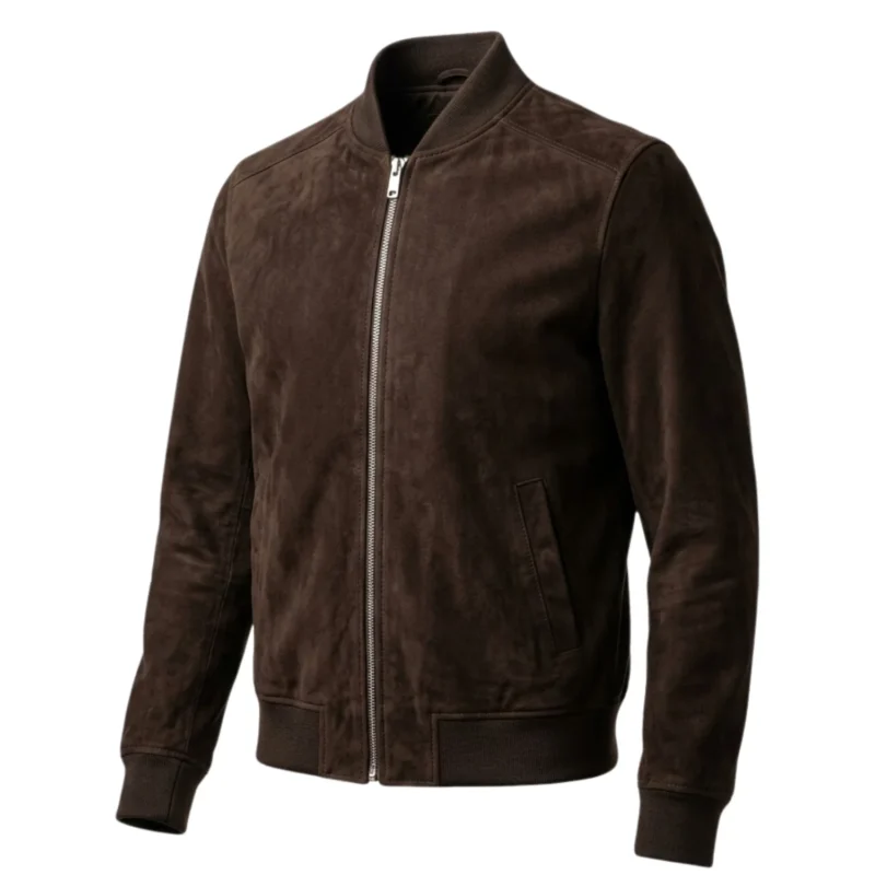Terroir men's dark brown suede bomber jacket front angle - Rove Leather