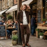 Man wearing Terroir men's dark brown suede bomber jacket - Rove Leather