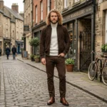 Man wearing Terroir men's dark brown suede bomber jacket - Rove Leather