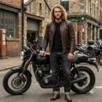 man wearing Axiom men's dark brown leather cafe racer jacket - Rove Leather