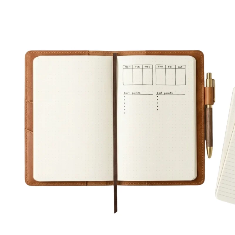 Close-up of hand-stitched edge detail on full-grain cognac leather journal cover by Rove Leather