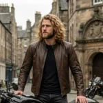 man wearing Axiom men's dark brown leather cafe racer jacket - Rove Leather