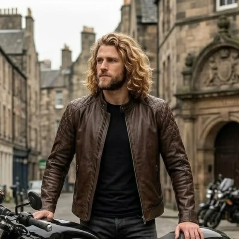 man wearing Axiom men's dark brown leather cafe racer jacket - Rove Leather