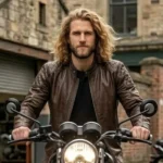 man wearing Axiom men's dark brown leather cafe racer jacket - Rove Leather