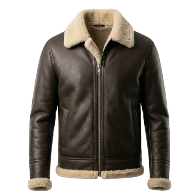 Tundra men's dark brown shearling leather jacket front view - Rove Leather