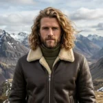 man wearing Tundra men's dark brown shearling leather jacket - Rove Leather