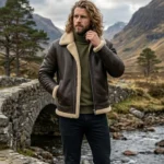 man wearing Tundra men's dark brown shearling leather jacket - Rove Leather