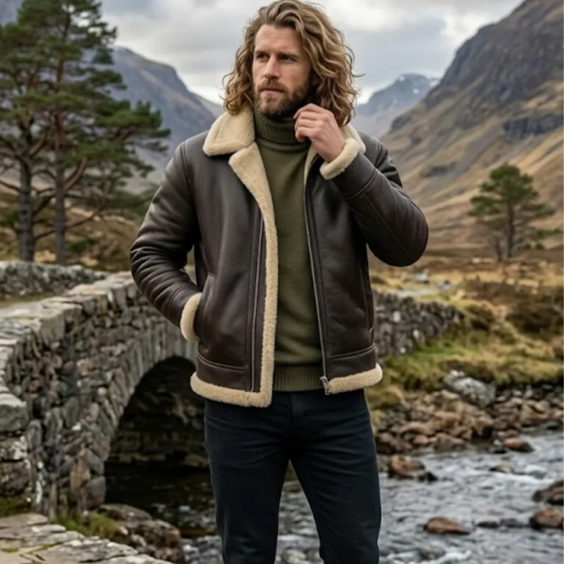 man wearing Tundra men's dark brown shearling leather jacket - Rove Leather