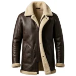 Sovereign men's dark brown shearling leather coat front view open - Rove Leather