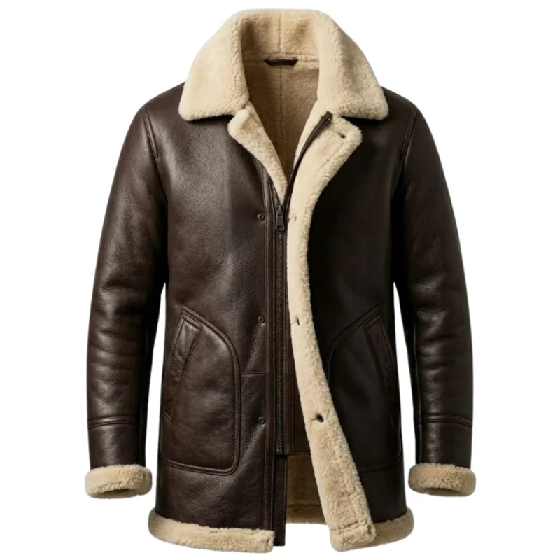 Sovereign men's dark brown shearling leather coat front view open - Rove Leather