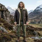 man wearing Sovereign men's dark brown shearling leather coat - Rove Leather