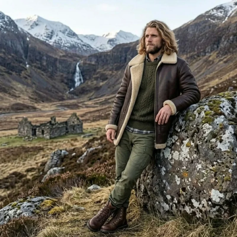 man wearing Sovereign men's dark brown shearling leather coat - Rove Leather
