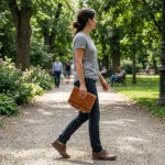Woman holding tan leather refillable journal cover with pen in New York City - Rove Leather everyday carry