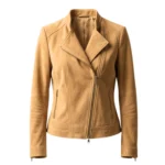 Lumine women's camel suede leather biker jacket front view - Rove Leather