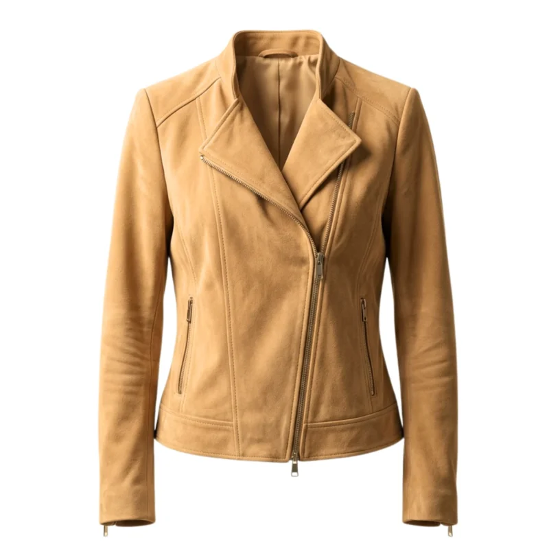 Lumine women's camel suede leather biker jacket front view - Rove Leather
