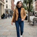 Woman wearing Lumine women's camel suede leather biker jacket - Rove Leather