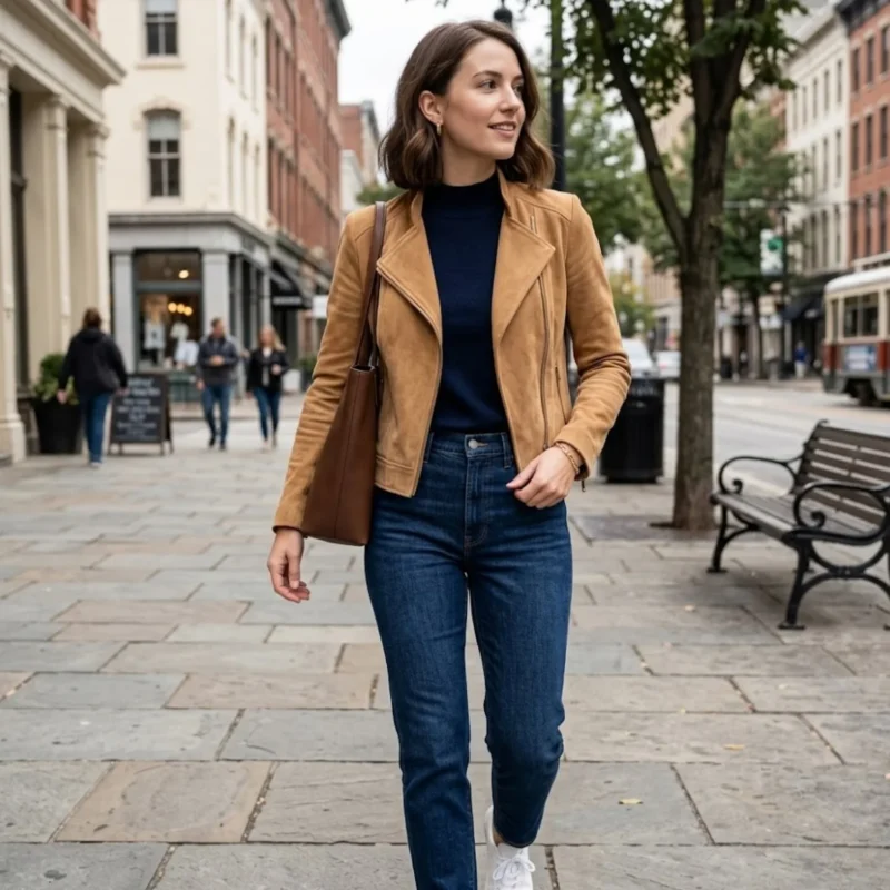 Woman wearing Lumine women's camel suede leather biker jacket - Rove Leather
