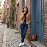 Woman wearing Lumine women's camel suede leather biker jacket - Rove Leather