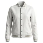 Alabaster women's white leather varsity jacket front view - Rove Leather