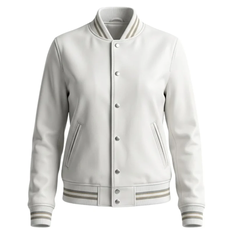Alabaster women's white leather varsity jacket front view - Rove Leather