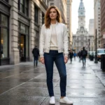 woman wearing Alabaster women's white leather varsity jacket - Rove Leather