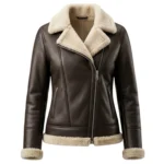 Sequoia women's brown shearling aviator jacket front view – Rove Leather