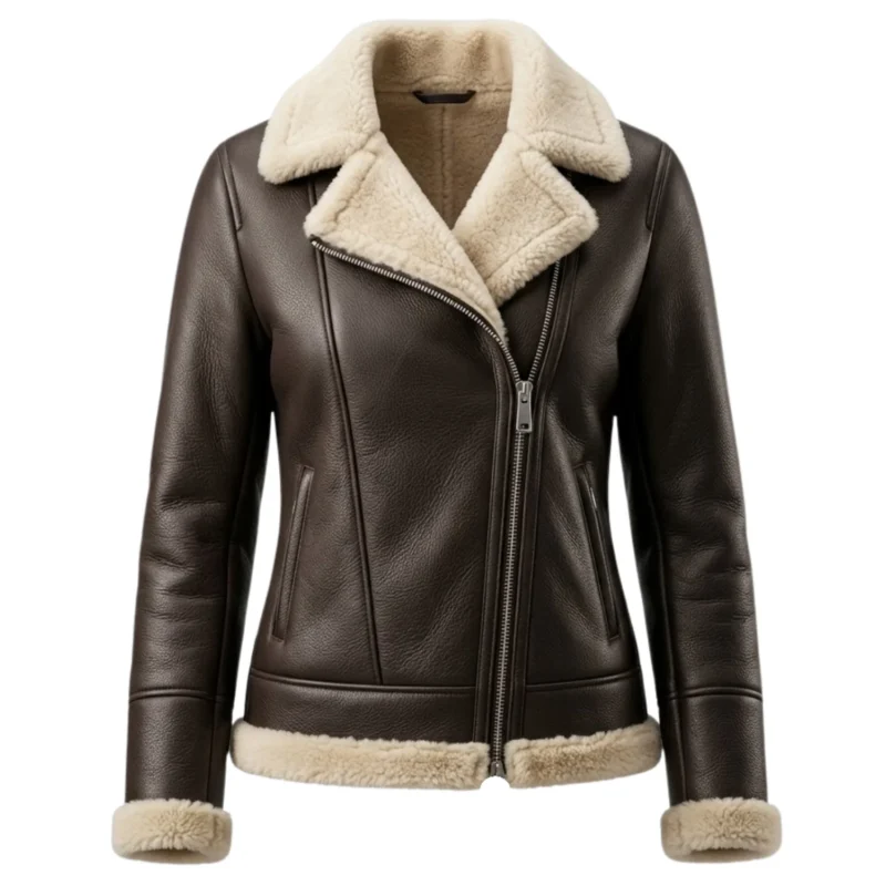 Sequoia women's brown shearling aviator jacket front view – Rove Leather