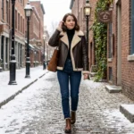 woman wearing Sequoia women's brown shearling aviator jacket – Rove Leather