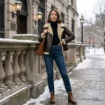 woman wearing Sequoia women's brown shearling aviator jacket – Rove Leather