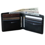 Premium black leather bifold wallet interior with 8 card slots