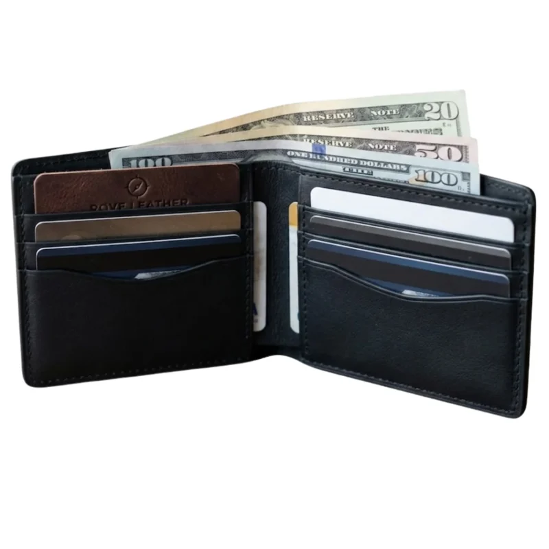 Premium black leather bifold wallet interior with 8 card slots