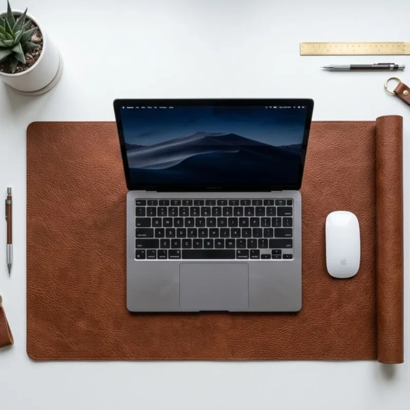Cognac brown full-grain leather desk pad with MacBook and Apple Magic Mouse on white background — Rove Leather