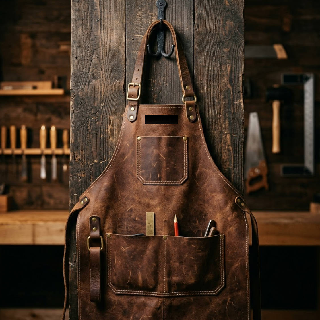 Heavy brown full grain leather work apron hanging on a hook in a workshop