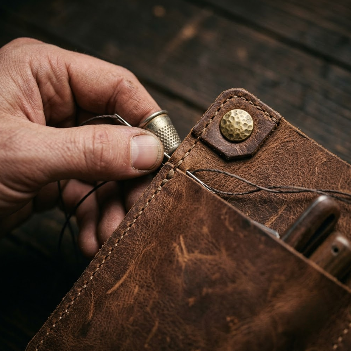 Close up of hand saddle stitching and a brass rivet on a leather apron pocket