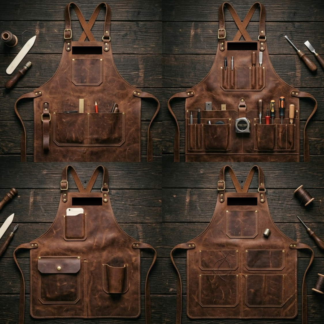Four leather work aprons with different pocket layouts arranged in a flat lay