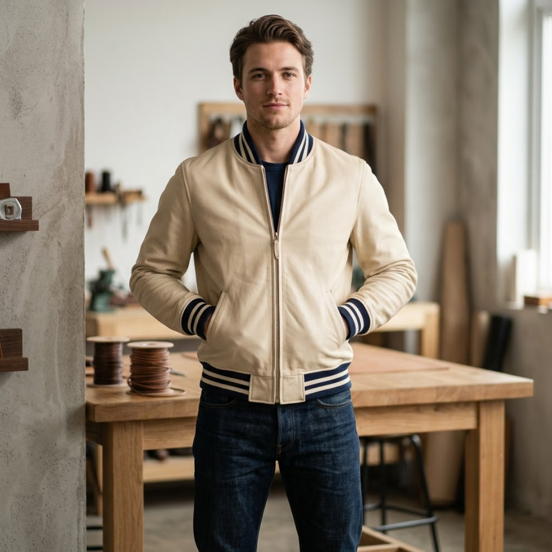 Model wearing a cream leather varsity jacket with navy stripe and ribbed collar