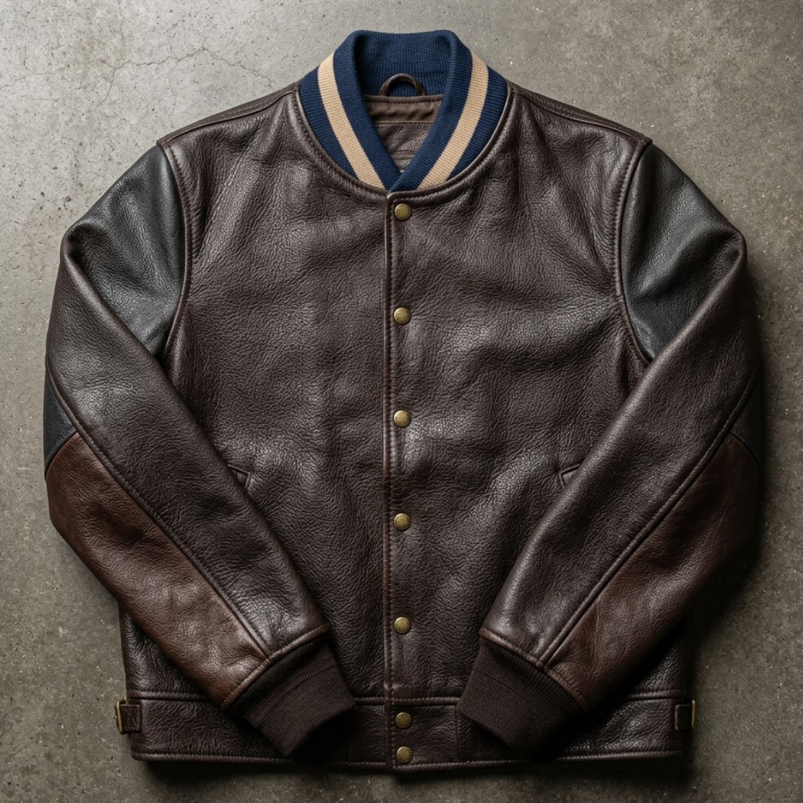 Flat lay of a leather varsity jacket showing the snap front and ribbed collar