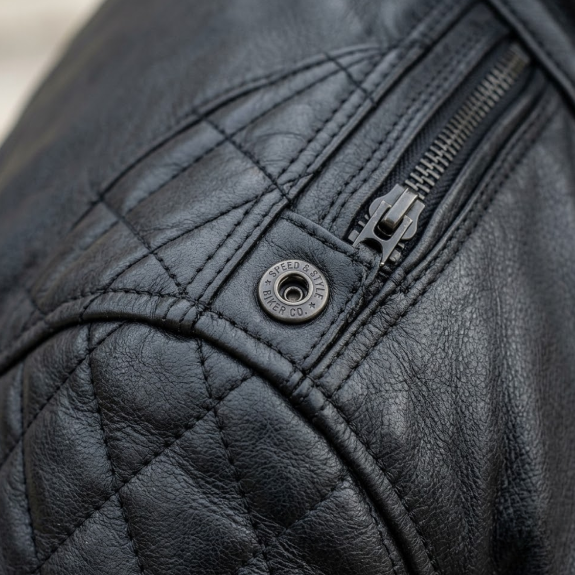 Close up of quilted leather biker jacket shoulder seam with tight stitching and gunmetal hardware