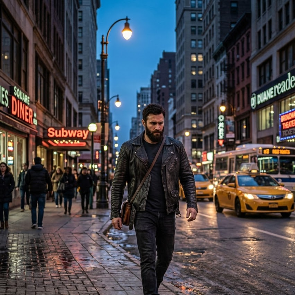 Man wearing black leather biker jacket walking through city street at dusk