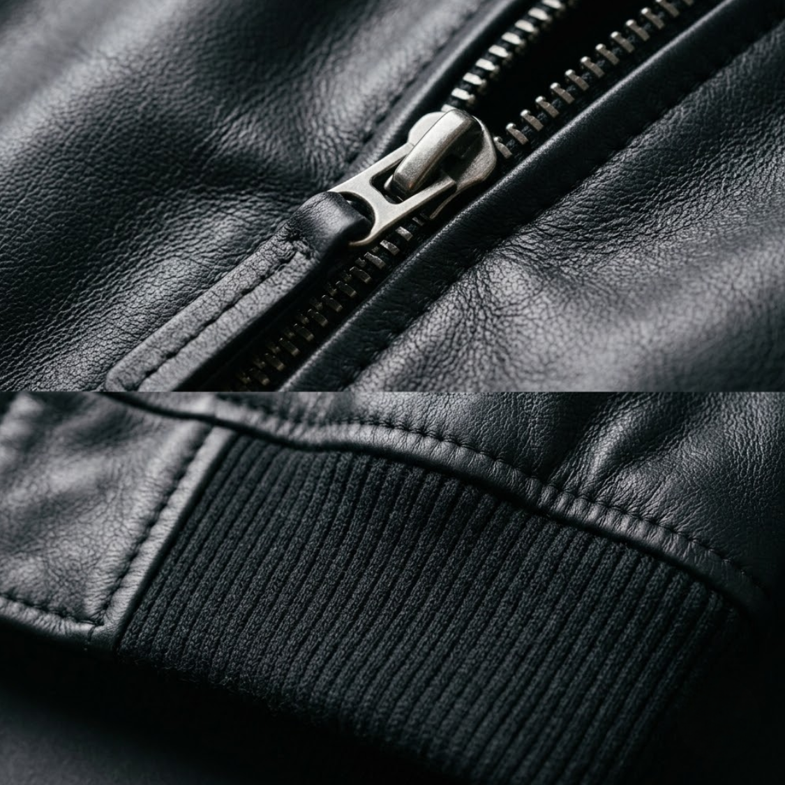 Close up of leather bomber jacket zipper hardware and ribbed hem detail