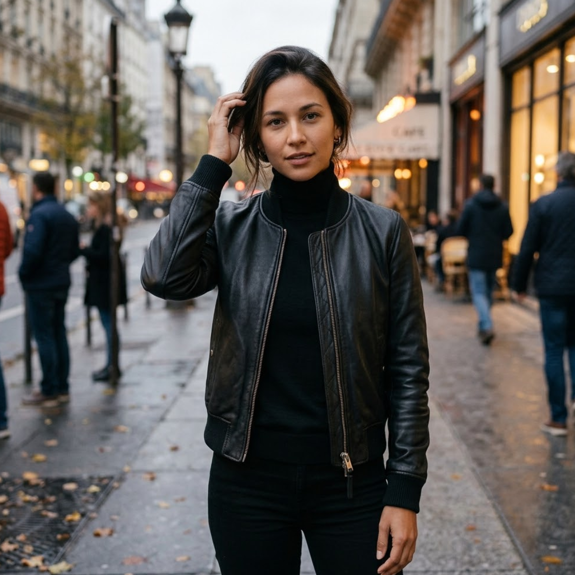 Woman wearing fitted black leather bomber jacket over turtleneck on city sidewalk