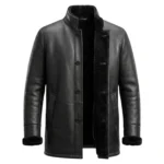 Men's black shearling leather coat with stand fur collar and button front, Draven by Rove Leather