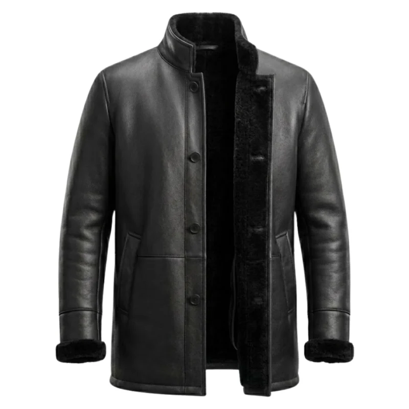 Men's black shearling leather coat with stand fur collar and button front, Draven by Rove Leather