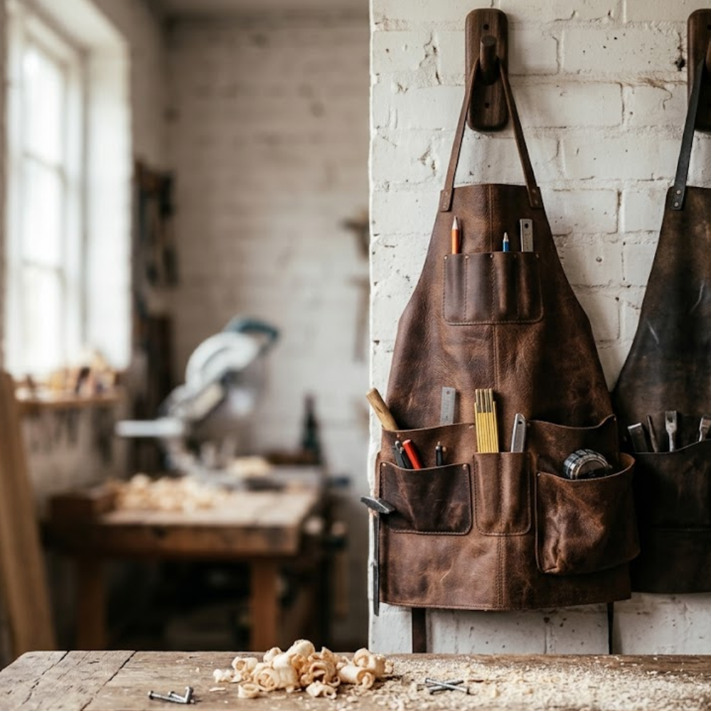 Walnut brown leather carpenter apron with organized tool pockets hanging in a woodworking workshop