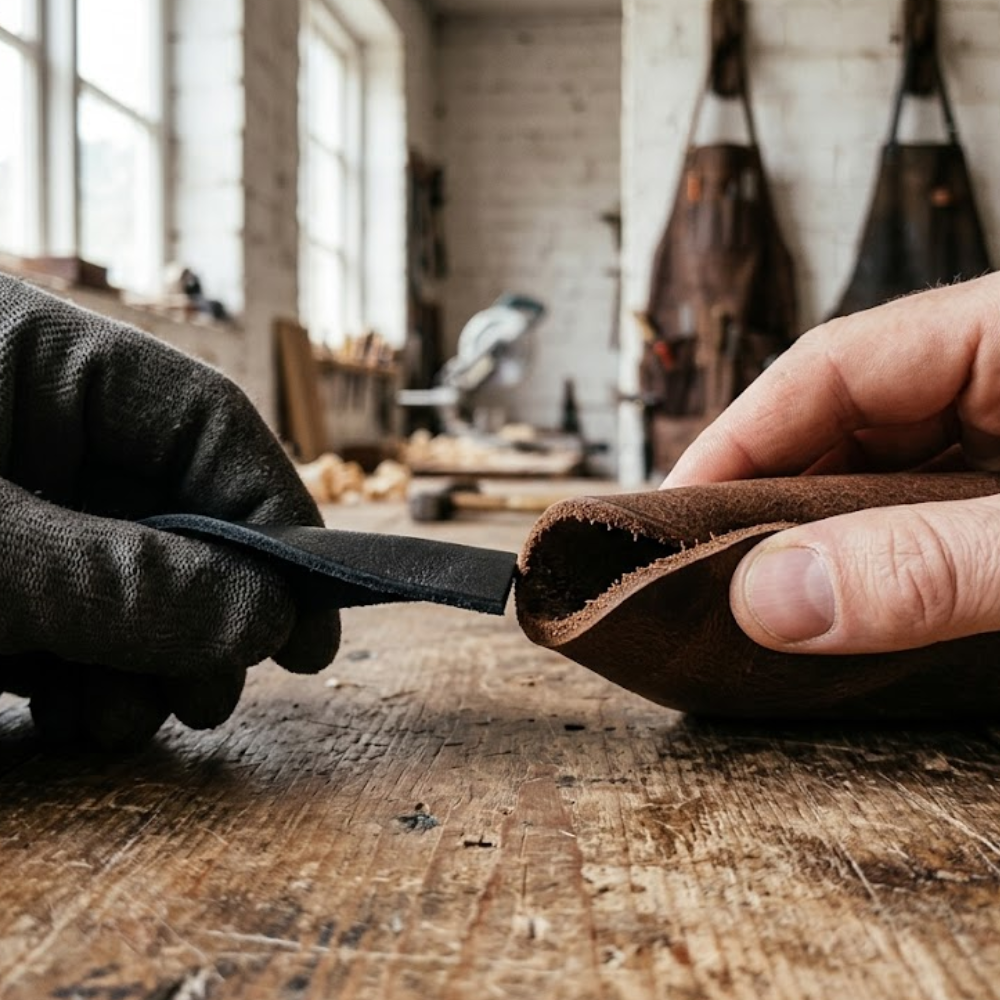 Hands comparing the thickness of two full grain leather apron samples on a workbench